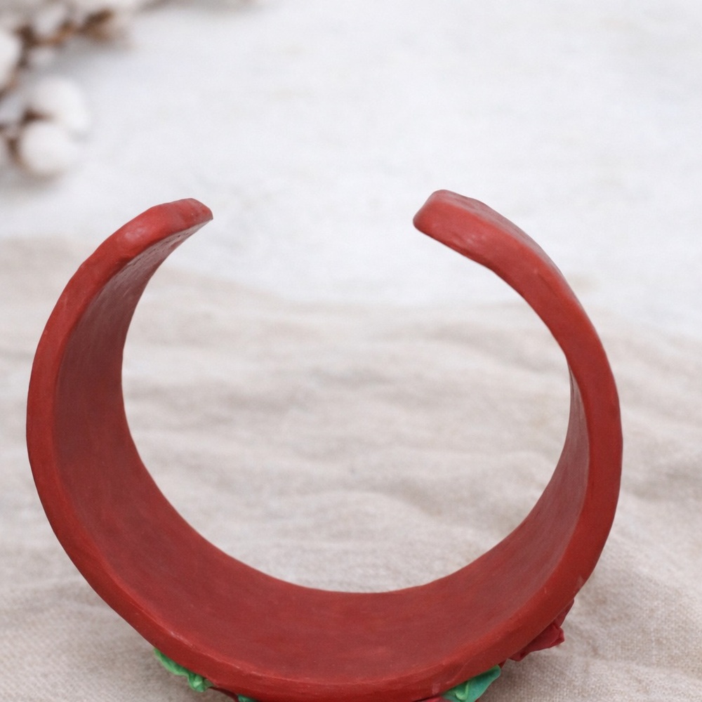Handmade Red Rose Cuff Bracelet, Romantic Artisan Jewelry Polymer Clay Bracelet - Picture 6 of 9